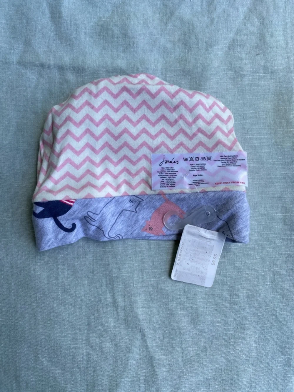 NWT Joules reversible grey pink cats baby hat beanie